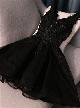 Picture of Lovely Black Color Lace V-neckline Short Homecoming Dresses, Black Color Party Dresses